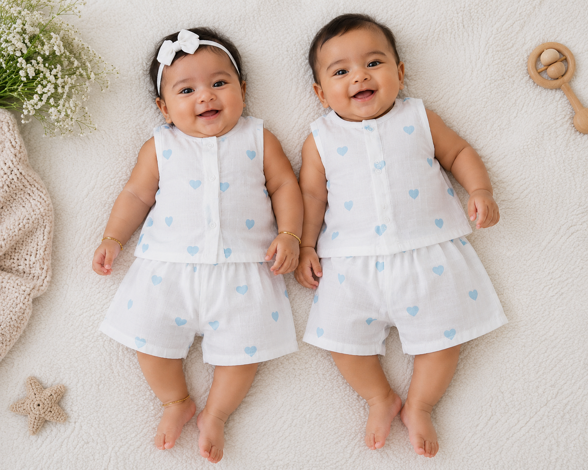 Baby Blue Hearts Muslin Co-ord Set