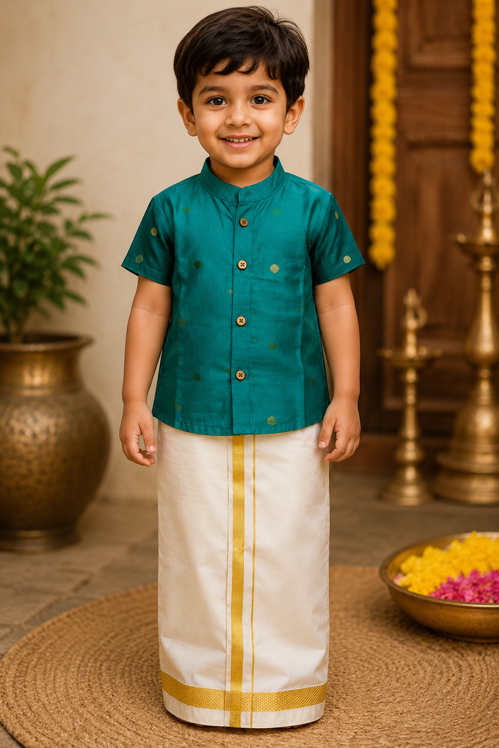Emerald Green Gold Butti Veshti Set