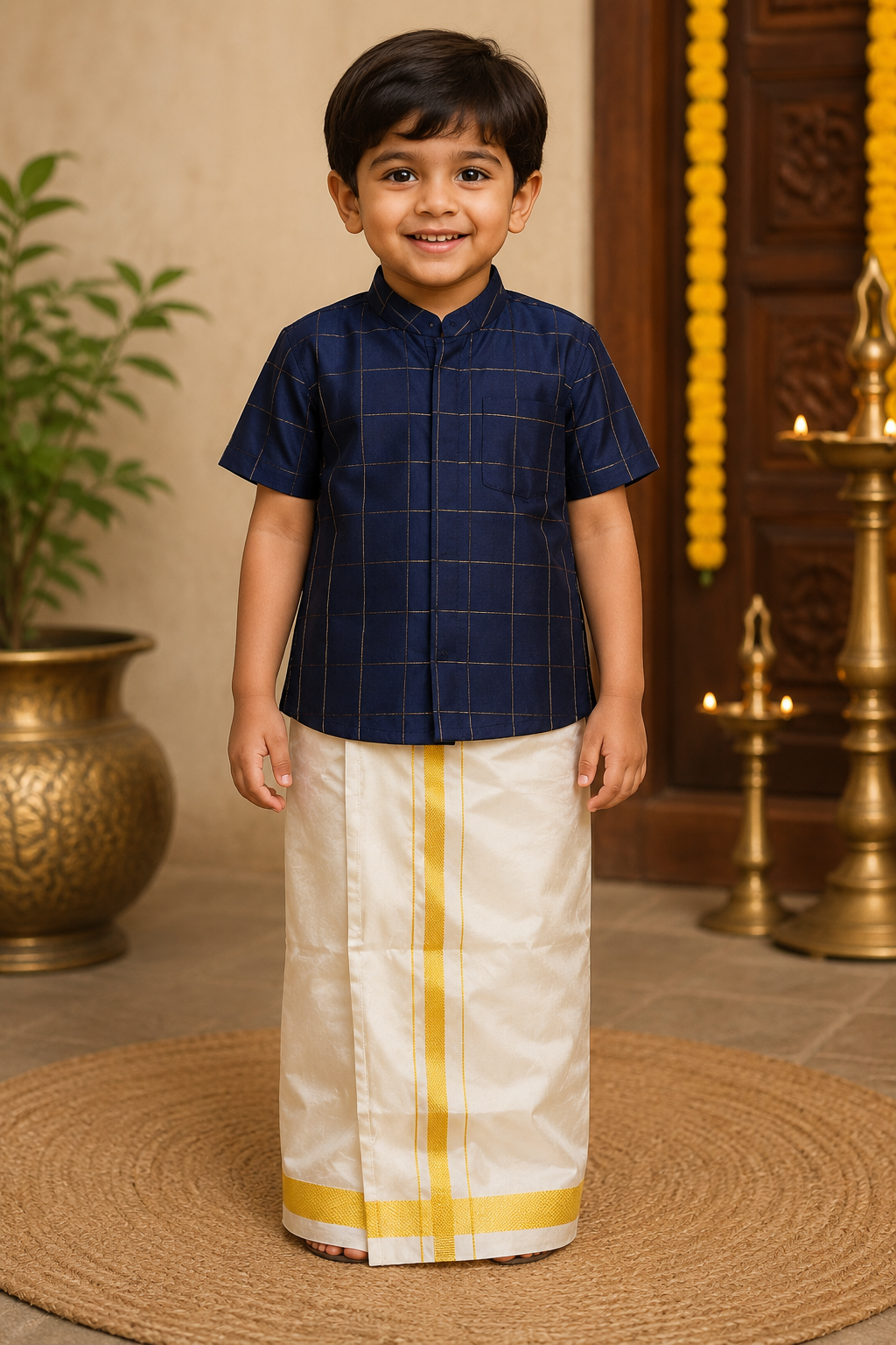 Midnight Blue Checkered Veshti Set