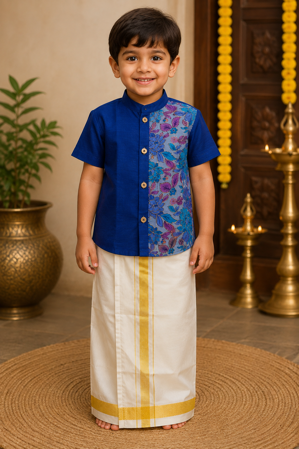 Royal Blue Floral Panel Veshti Set