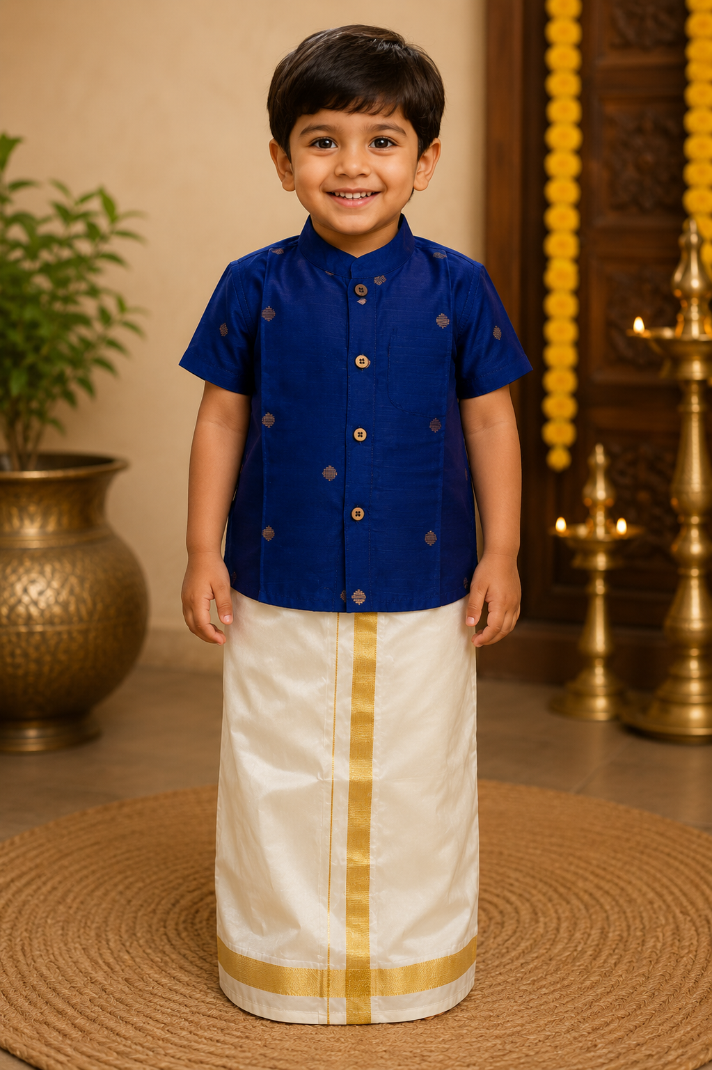 Royal Blue Gold Butti Veshti Set