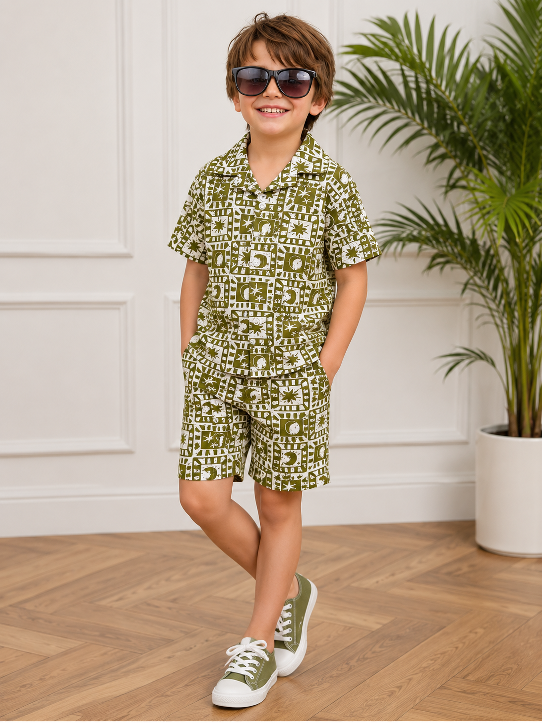 Olive Garden Print Cotton Co-Ord Set – Shirt & Shorts