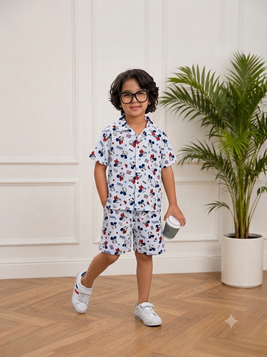 Mickey Mouse Print Cotton Co-Ord Set – Shirt & Shorts