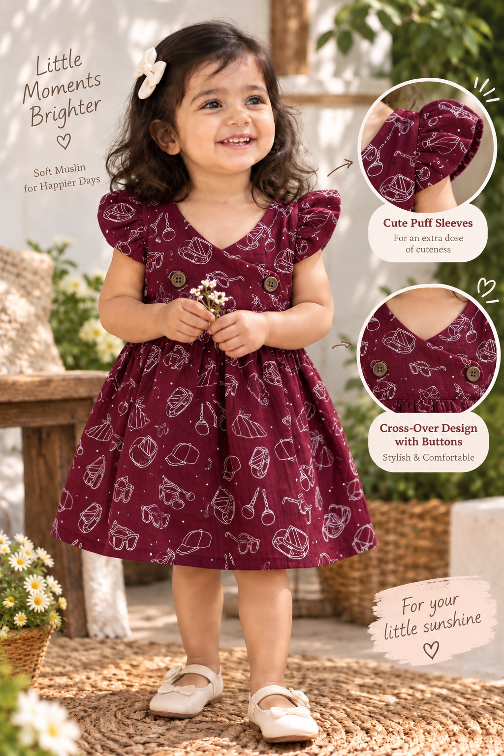 Maroon Muslin Puff Sleeve frock